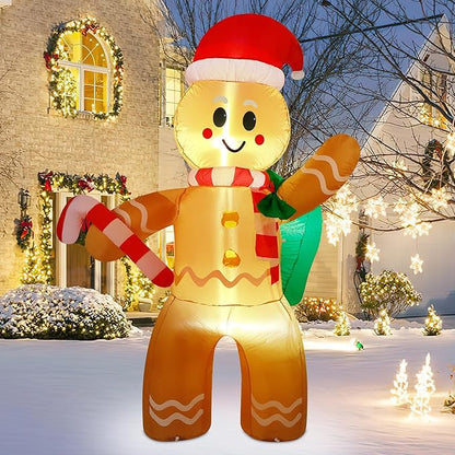 Christmas Inflatables 6 Ft Gingerbread Man with Gift Bag and Candy Cane, LED Lights Blow up Xmas Decorations for Indoor Outdoor Yard Garden Lawn Holiday Party Decor