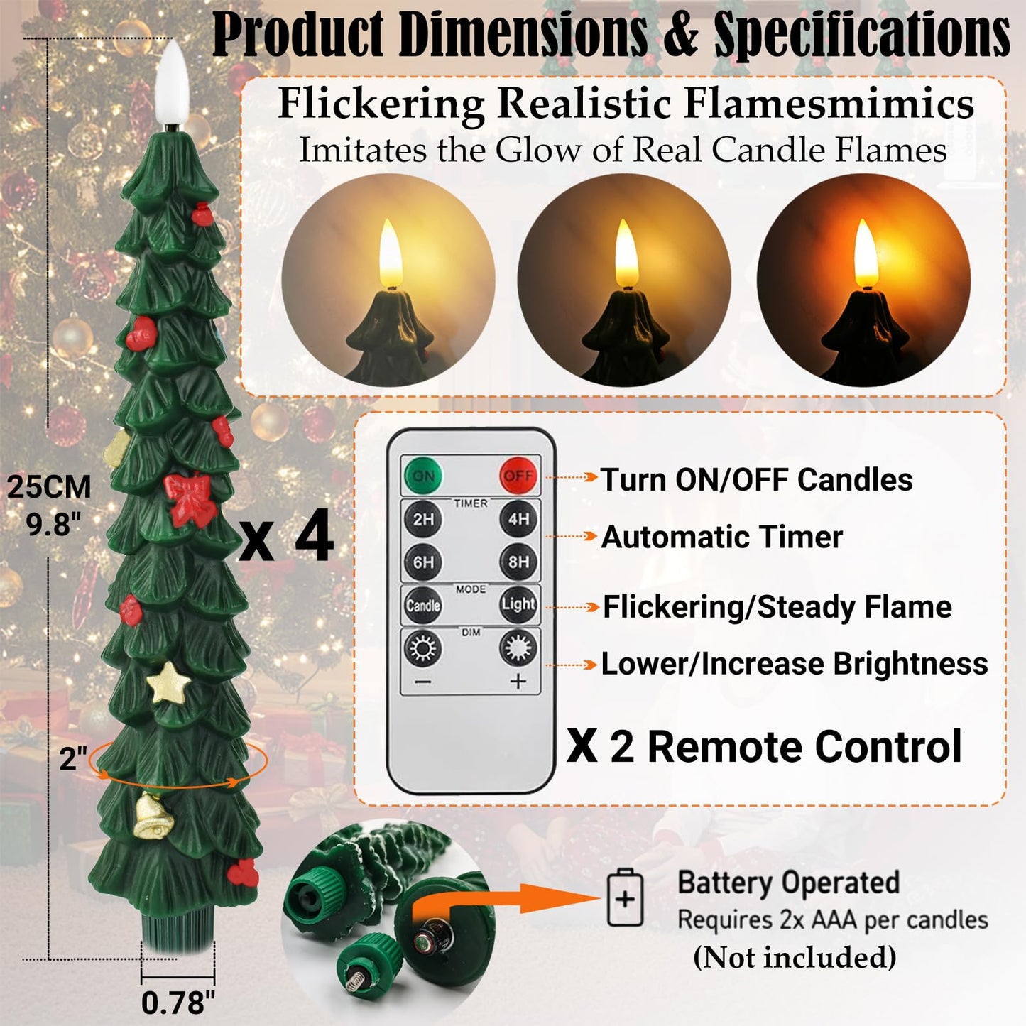 FYBW Christmas Tree Flameless Taper Candles with 10-Key Remote Timer,4 Pcs Green LED Taper Candles with 3D Flame for Holiday Dinner Decorations(Green-A)