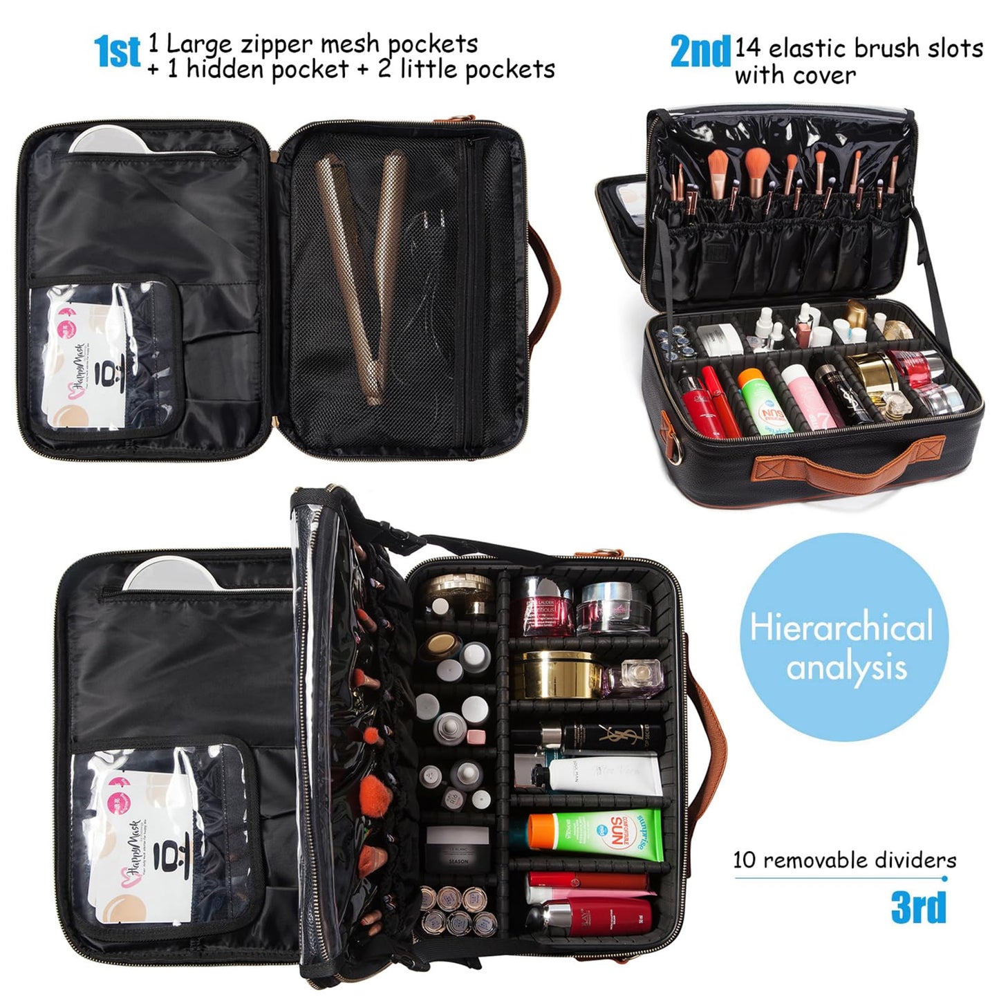 EKERHO Large Travel Makeup bag, Leather Artist Makeup Train Case Cosmetic Storage Organizer Box with Adjustable Dividers for Makeup Brushes Toiletry - Black