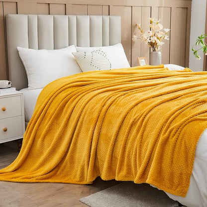 NEWCOSPLAY Super Soft Throw Blanket Mustard Yellow Premium Silky Flannel Fleece Leaves Pattern Lightweight Bed Blanket All Season Use (Mustard Yellow, Throw(50"x60"))