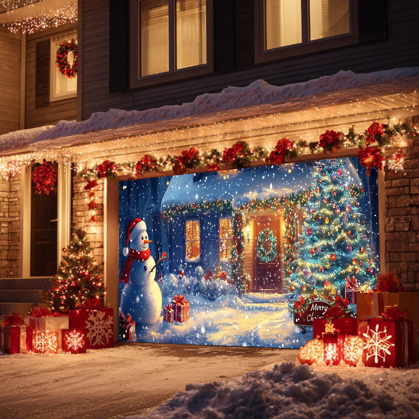 HOMETITUTE Christmas Door Banner 13x6ft Snowy Winter Scene Snowman Christmas Tree Gift Boxes Holiday Porch Decoration Seasonal Merry Christmas Front Door Cover Indoor Outdoor