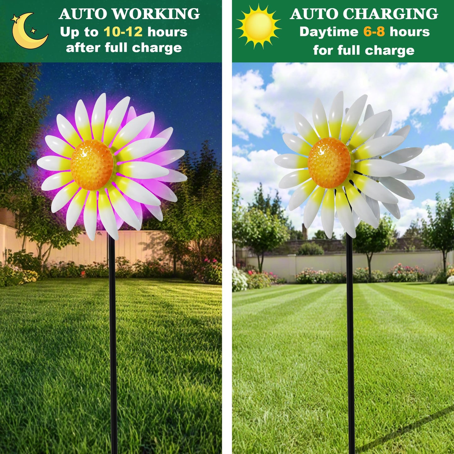 Decorative Metal Garden Daisy Wind Spinner, Decorative Garden Stakes, Daisy Wind sulpture for Yard Patio. Outdoor Yard Art. (White)