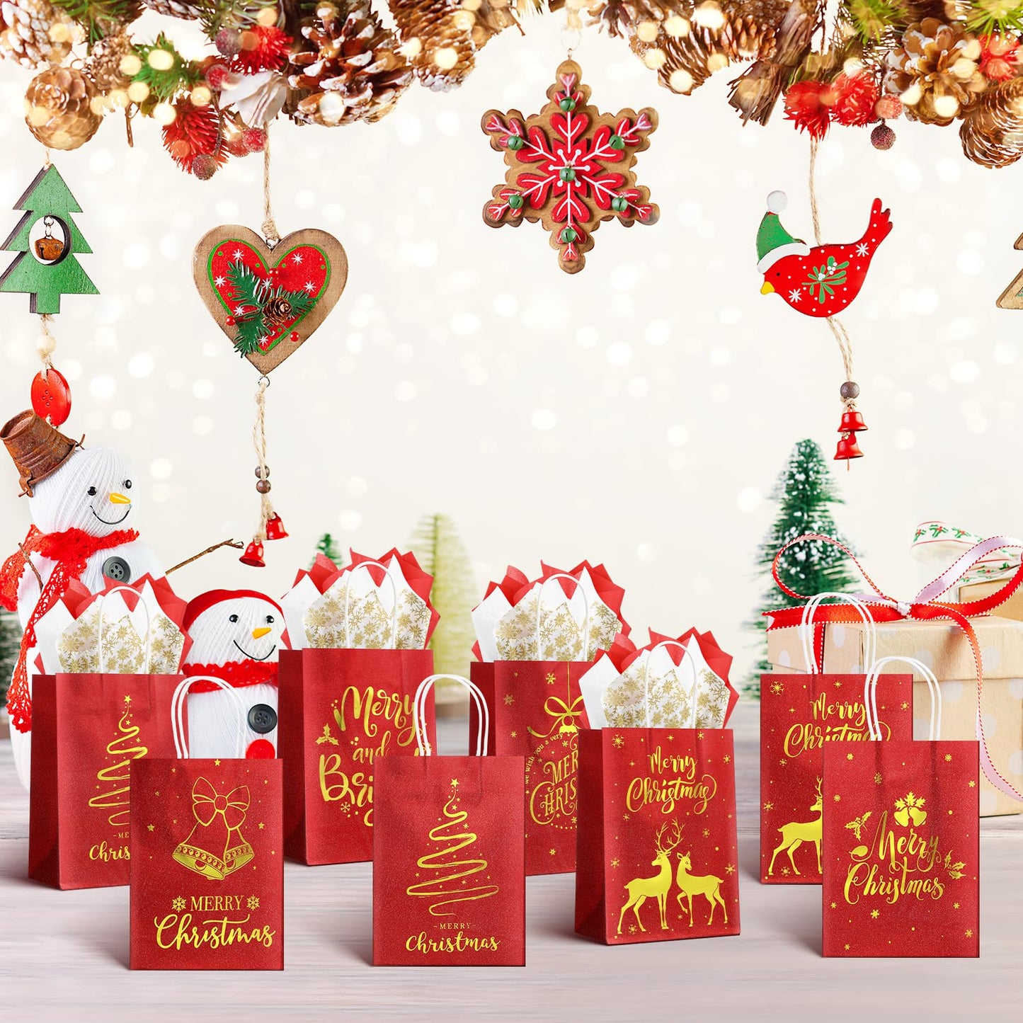 Ragnhild 48 Pcs Christmas Gift Bags, Red Glitter Christmas Bags for Gifts with Tissue Paper, 6 Styles Red and Gold Foil Paper Goodie Bag with Handles, Bulk Xmas Holiday Reusable Party Favor Treat Bag