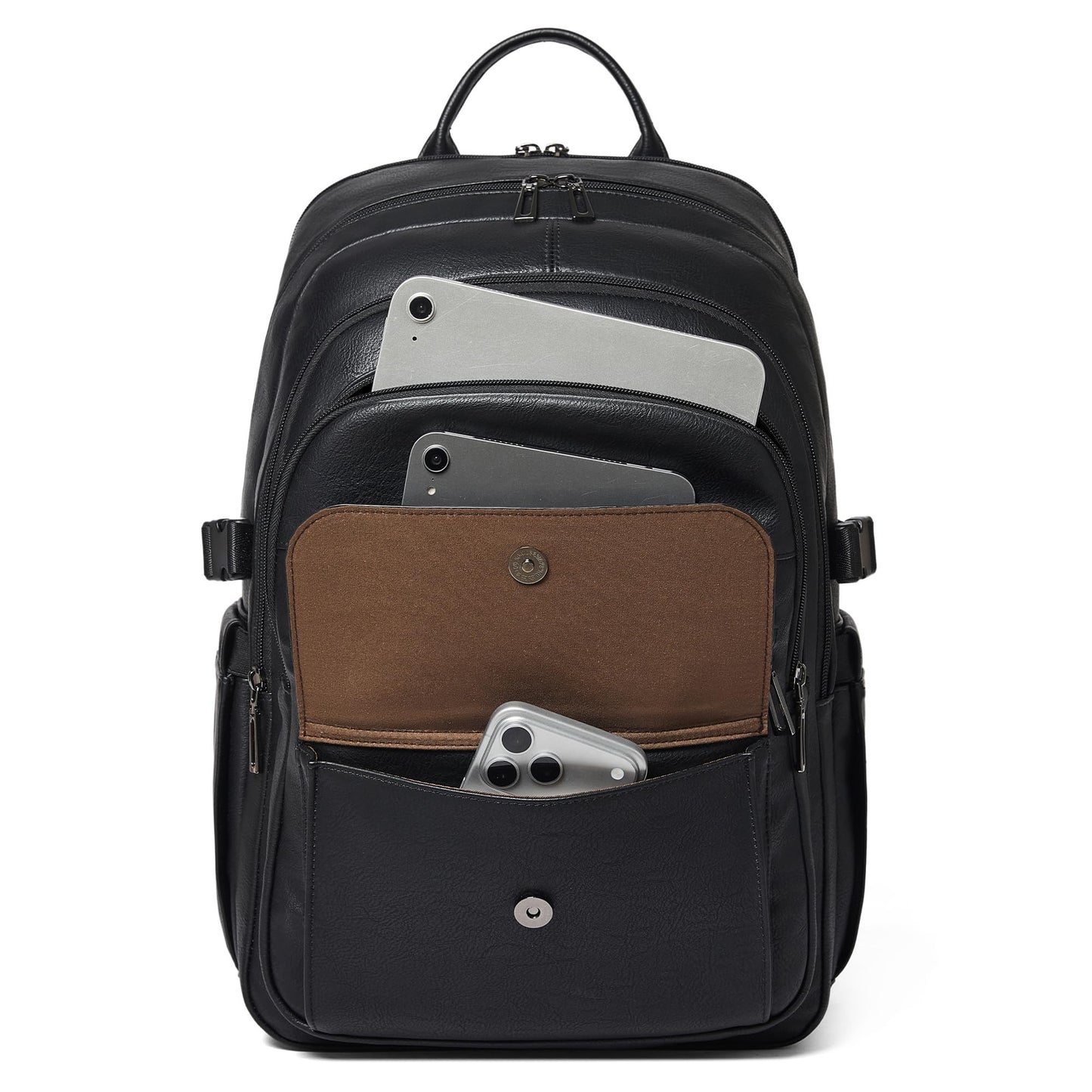 tiamyi Vegan Leather Backpack, TSA Travel Backpack for Men and Women, Fits 17.0 Inch Notebook with Luggage Strap and USB Port, Black