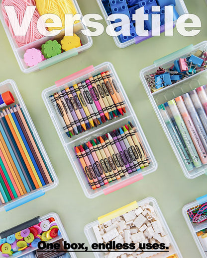 GEOPHIA 6 Pack Extra Large Pencil Box with Removable Divider, Thickened Pencil Case Bulk, Clear Crayon Marker Organizer Stackable Plastic Small Storage Containers for Pen Craft School Supplies (Multi)