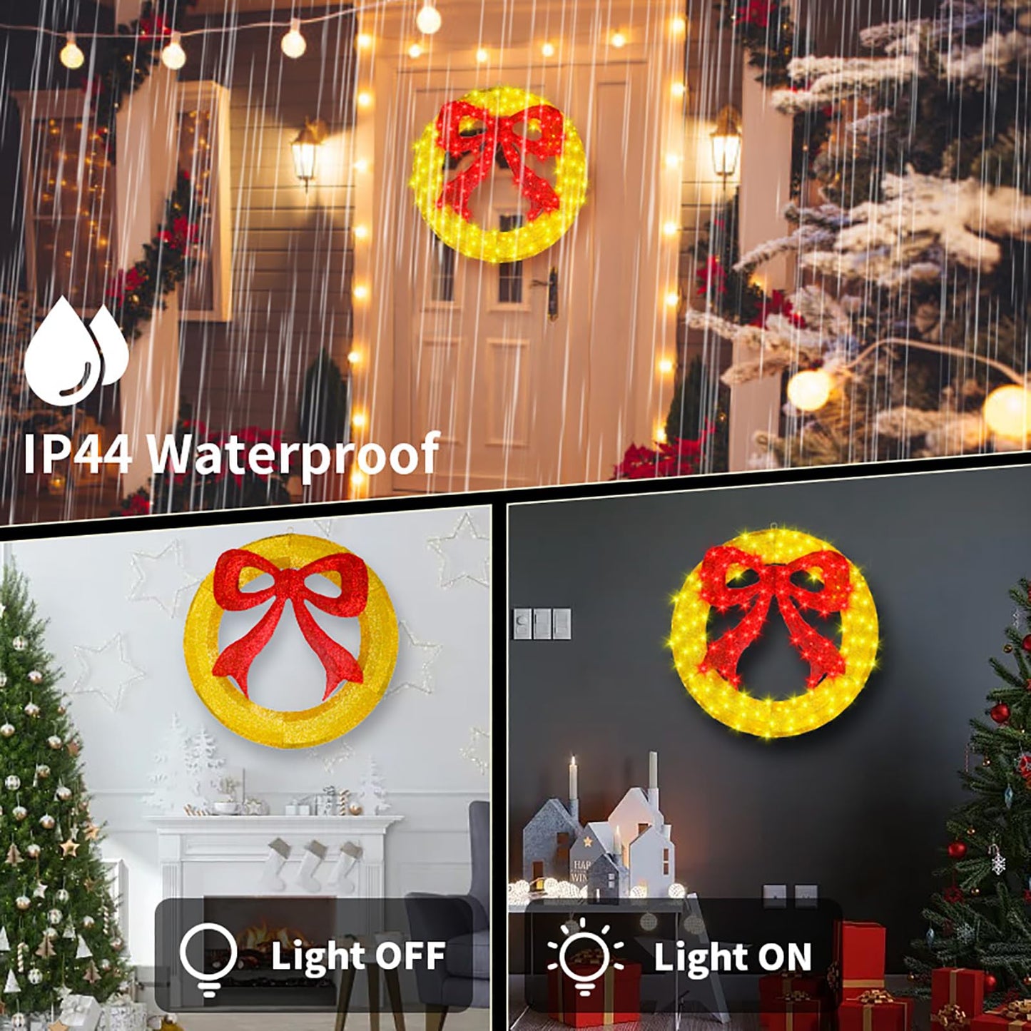 Outdoor Christmas Wreath Decoration - 36" Bright LED Christmas Wreath Lights with Bow, Large Lighted Christmas Wreaths Window Lights for Wall, Windows, Front Door Decor, Red Bow - Gold Wreath