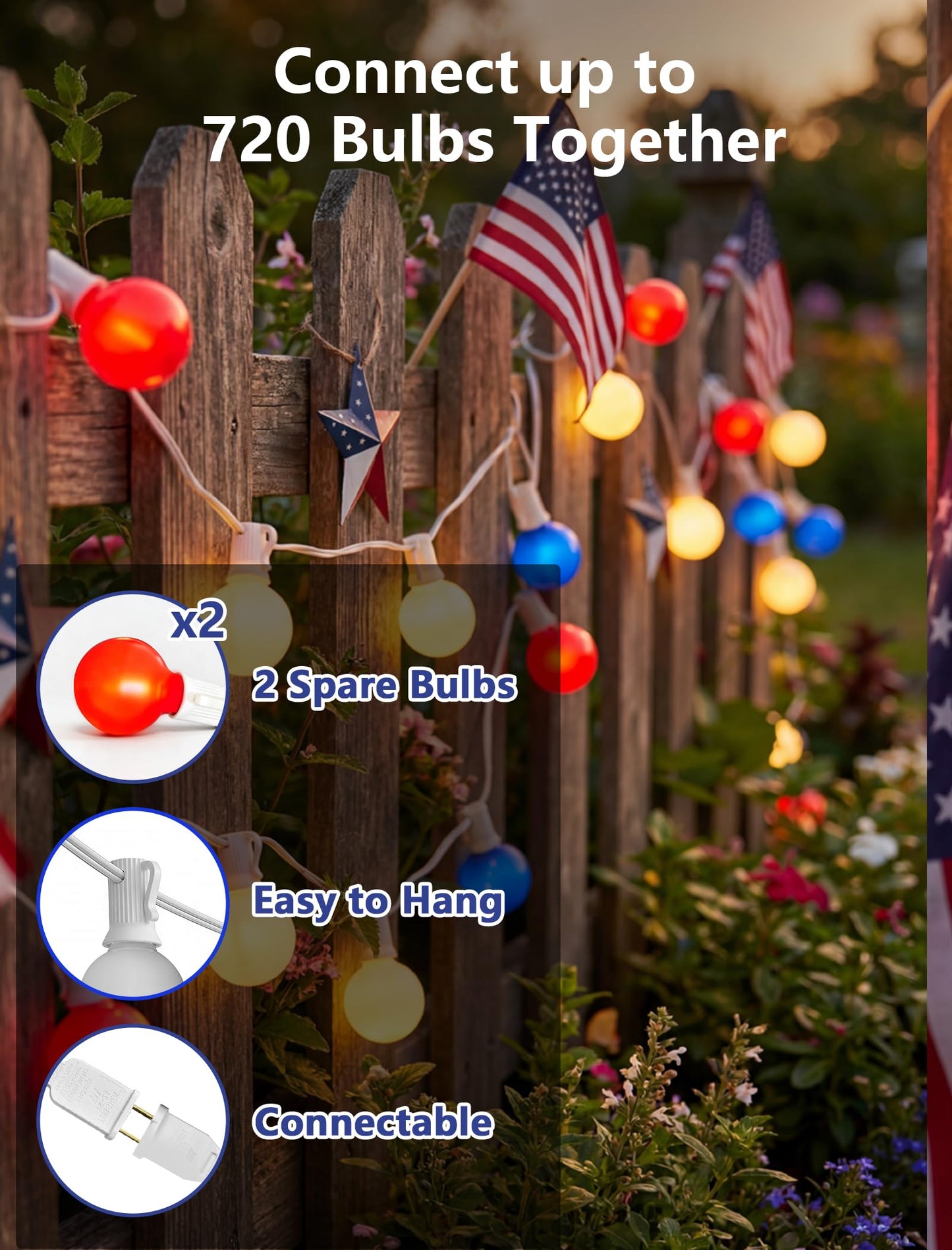 SUNSGNE Red White Blue 4th of July Patriotic Decorative Lights 50FT Outdoor String Lights with 27 G40 LED Bulbs(2 Spare) for Outdoor Indoor Holiday, Party, Independence Day Decor