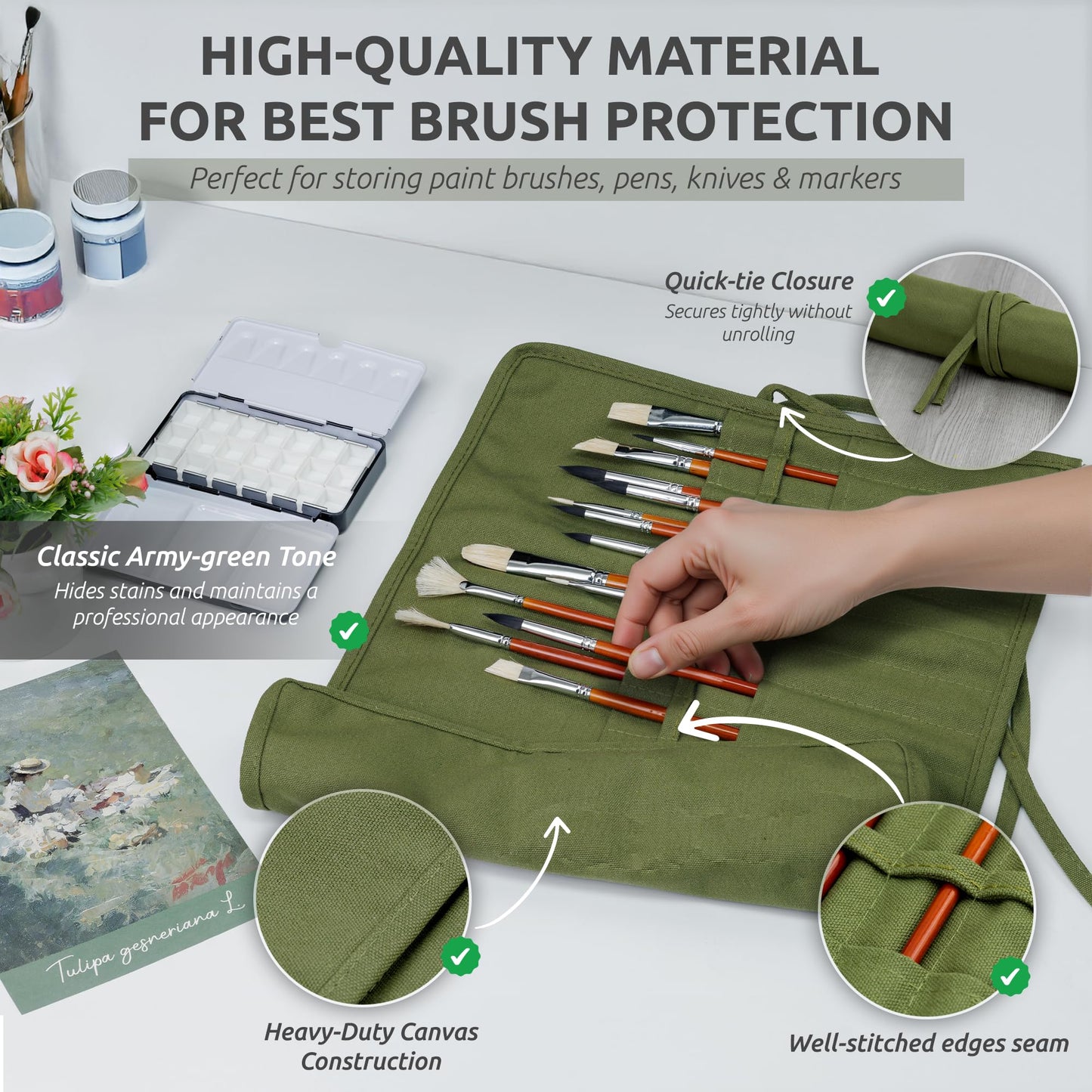 DUGATO 30-Slot Roll-Up Paint Brush Holder, Premium Canvas Brush Organizer for Artists, Washable Travel Brush Case for Watercolor, Acrylic, Pens & Art Supplies (Army Green) - Brushes not Included
