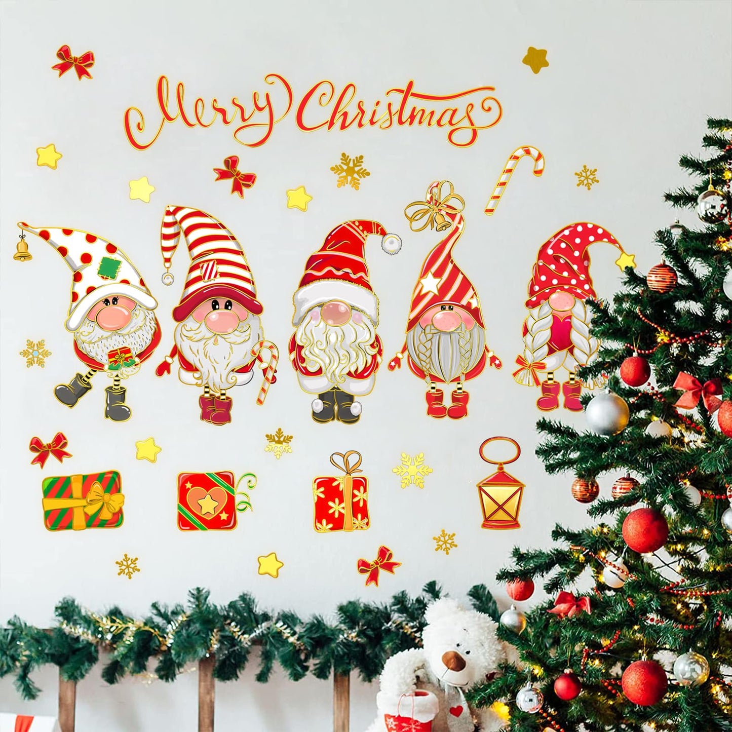 Wrdpyrmnis Christmas Gnome Wall Stickers Xmas Window Sticker Peel and Stick Wall & Window Decals for Xmas Festival Decor Kids Room Living Room Classroom Christmas Decoration (1 Sheet)