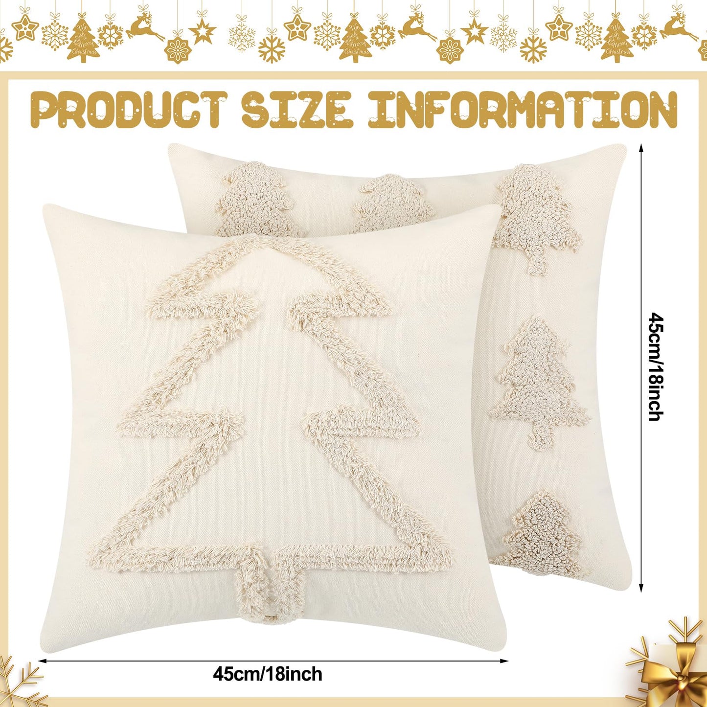 Beeveer 2 Pcs Beige Christmas Pillow Covers 18 x 18 Inch Decorative Boho Farmhouse Pillowcase White Tufted Tree Christmas Pillow Cases for Couch Sofa Holiday Bedroom Living Room Home Present