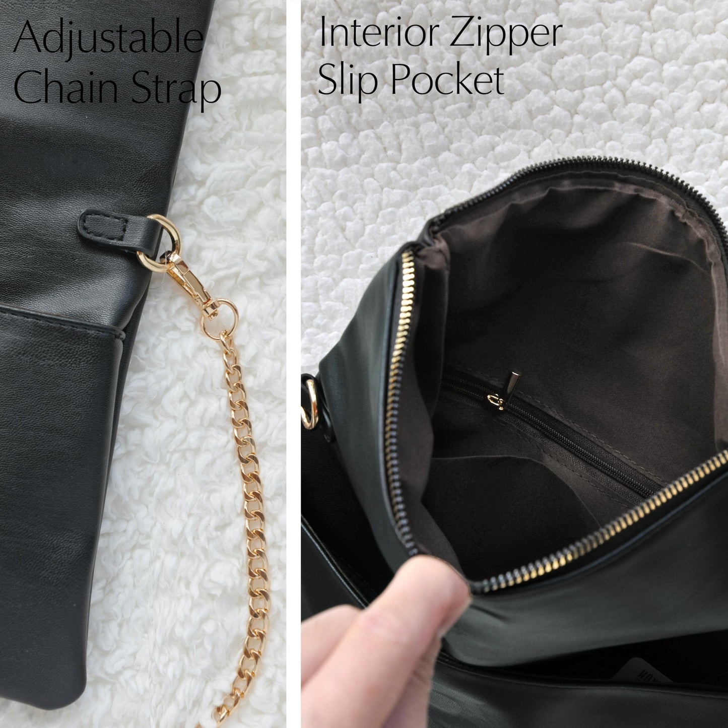 Women's Zipper Foldover Clutch Vegan Leather Envelope Cross body Bag with Chain Strap (Black)