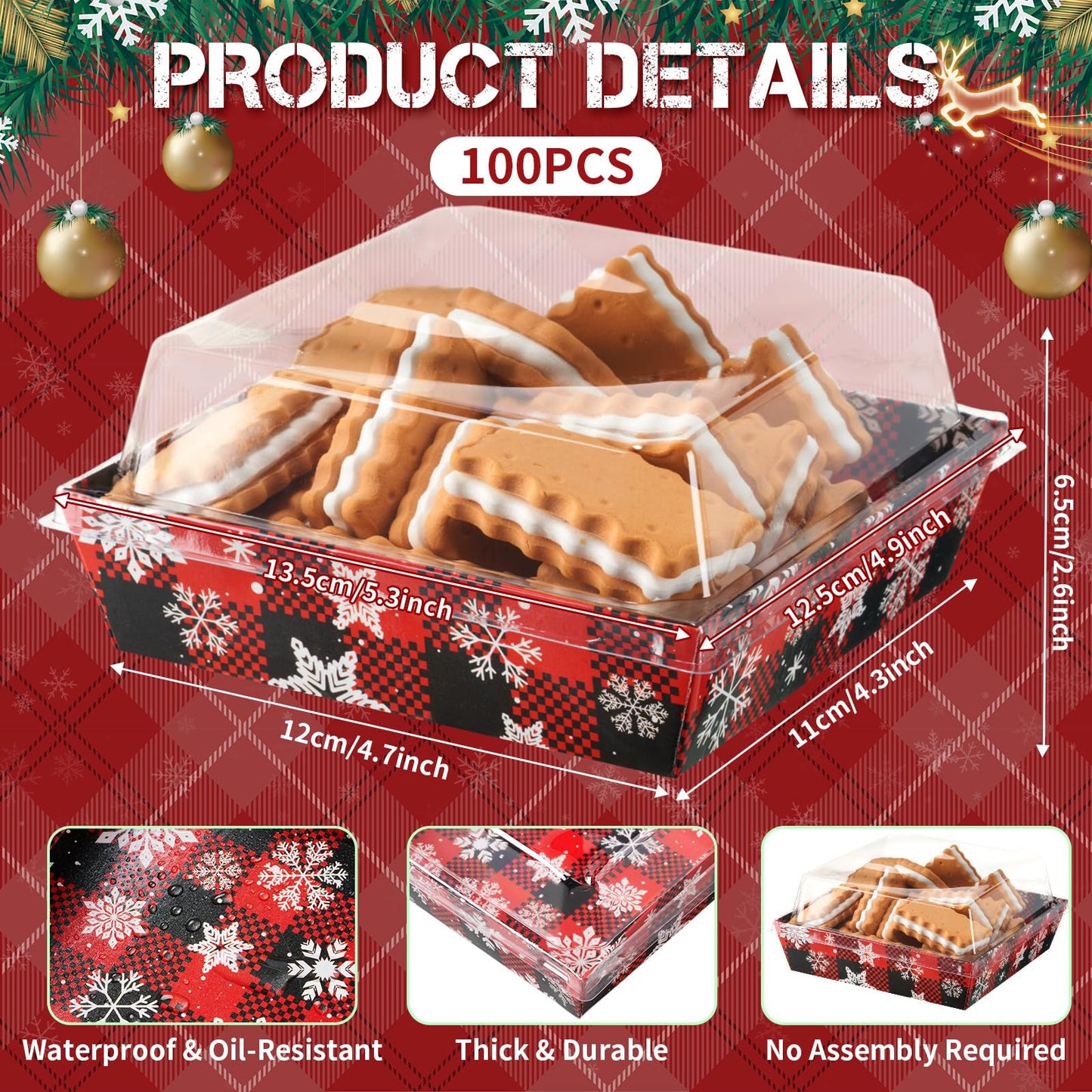 Potchen 100 Pack Christmas Charcuterie Boxes with Clear Lids – Red & Black Plaid Snowflake Design Boxes with Window for Cookies, Candy, and Mini Cakes – Ideal for Gift Giving & Bakery Packaging