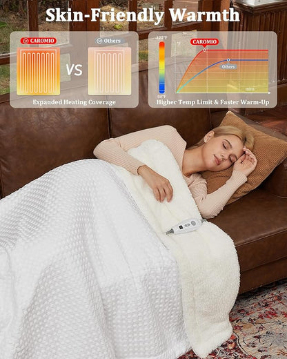 CAROMIO Heated Blanket Throw, Waffle Weave Electric Throw Blanket Fast Heating with LCD Controller, 6 Heat Levels & 4 Hour Auto Shut Off, ETL Certified, Machine Washable, Off White, 50" x 60"