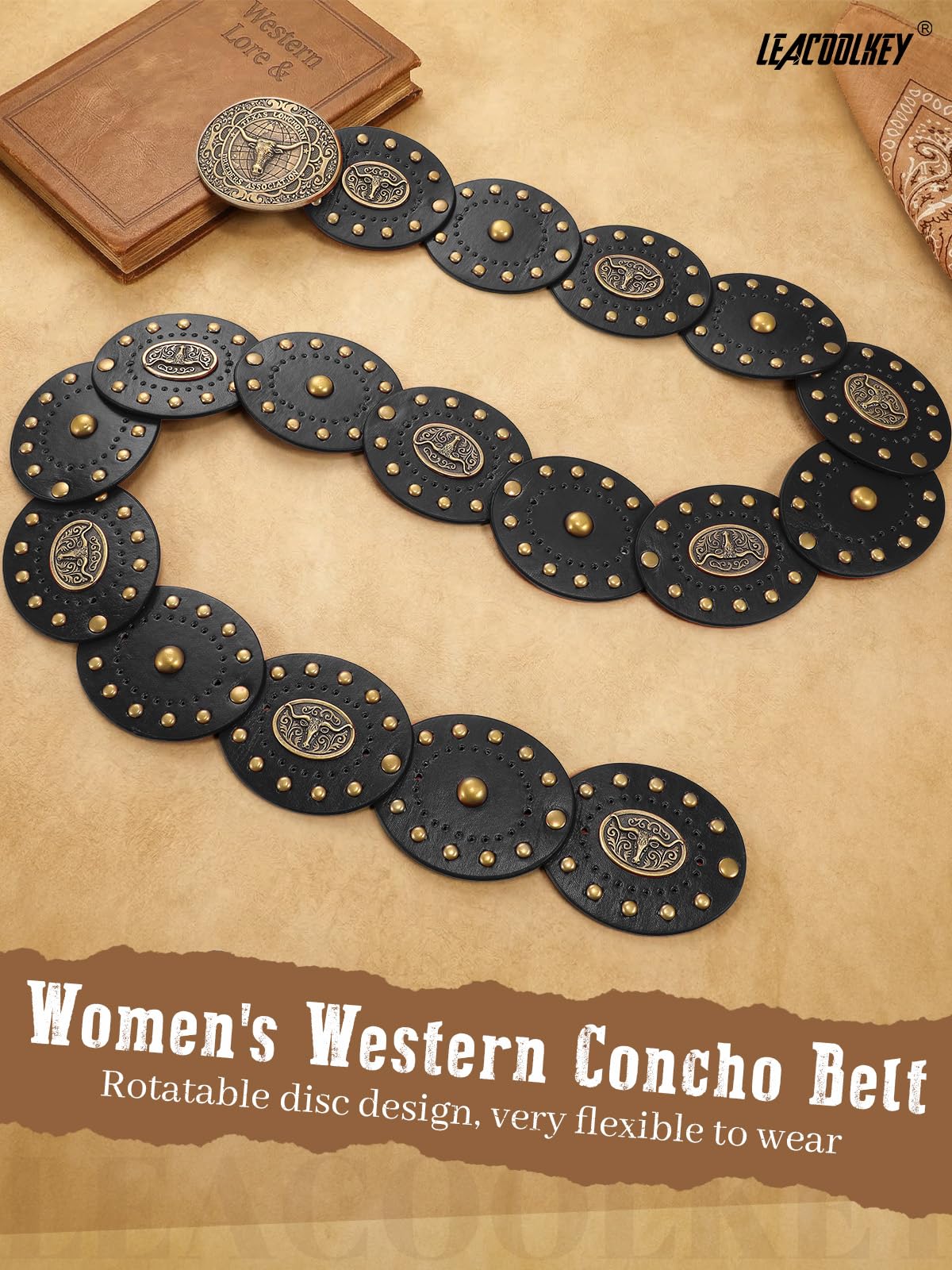 LEACOOLKEY Women's Boho Disc Belt Cowboy Wide Western Concho Leather Belt for Dresses Jeans Pants