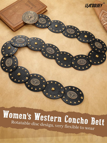 LEACOOLKEY Women's Boho Disc Belt Cowboy Wide Western Concho Leather Belt for Dresses Jeans Pants