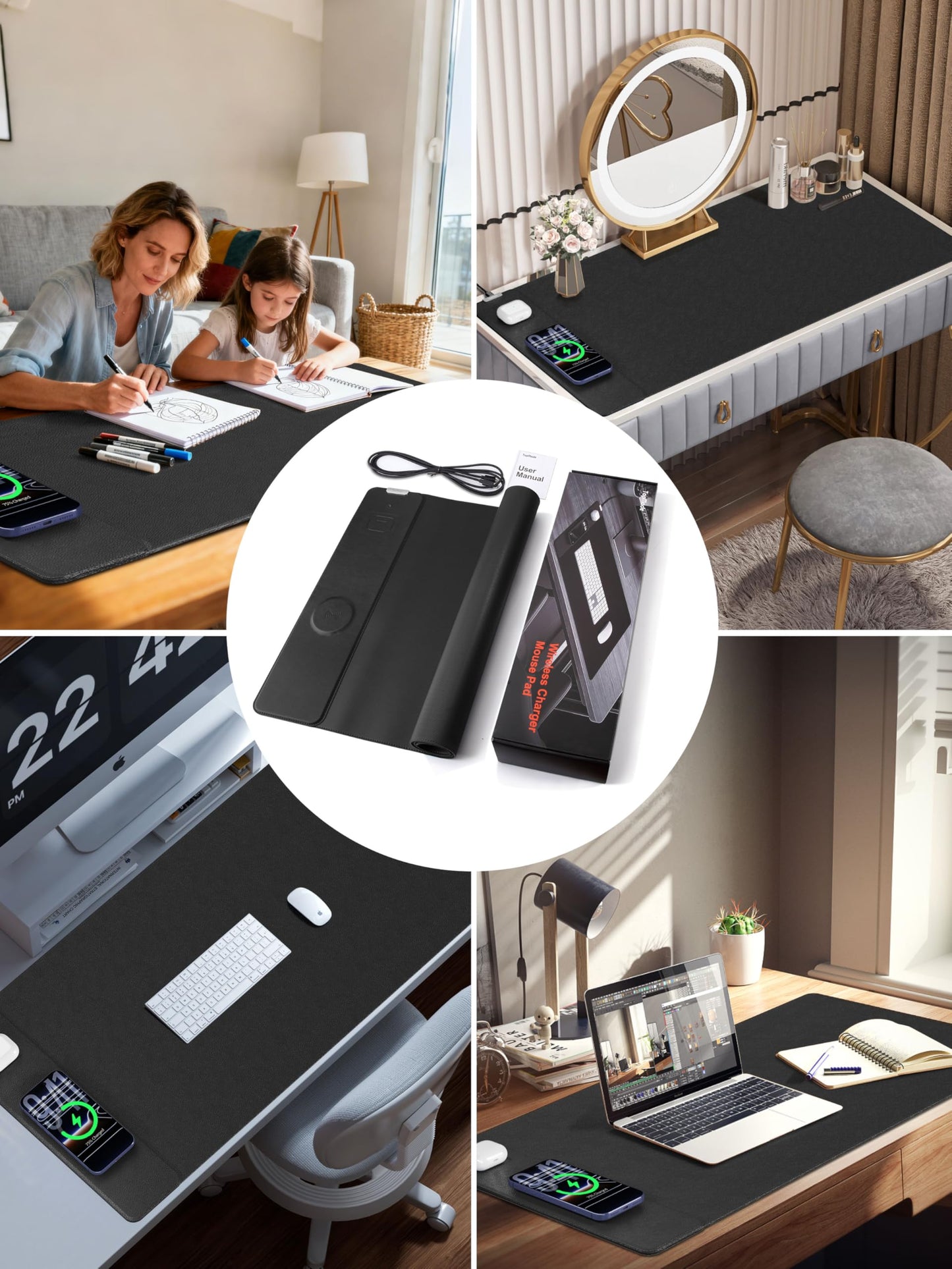 TopMade Mouse Pad with 15W Wireless Charging, XXL Large Leather Desk Mat, Waterproof Gaming Mousepad Home Office Desk Pad Protector, Computer Keyboard Pad, Mouse Mat for MacBook, PC, Laptop, Black