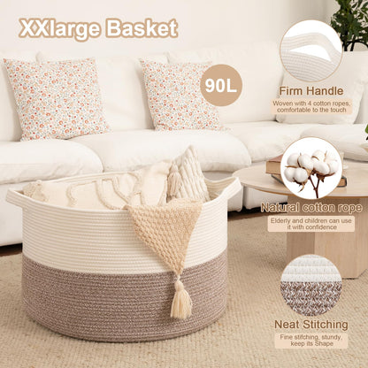 OIAHOMY 90L XXXLarge Blanket Basket for Living Room, 21.7" x 13.8" Woven Cotton Rope Laundry Basket for Organizing Pillows, Decorative Stuffed Animal Toy Storage for Nursery, White and Linen Brown