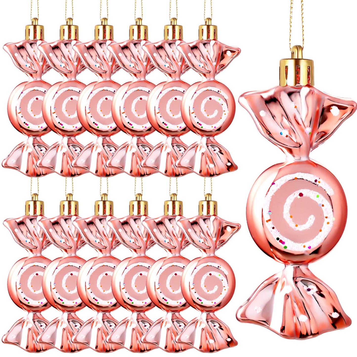 Threan 12 Pcs Christmas Candy Ornaments for Tree Decoration Hanging Glitter Candy Cane Christmas Peppermint Ornament with Golden Rope for Xmas Holiday Decoration(Rose Gold,Plastic)