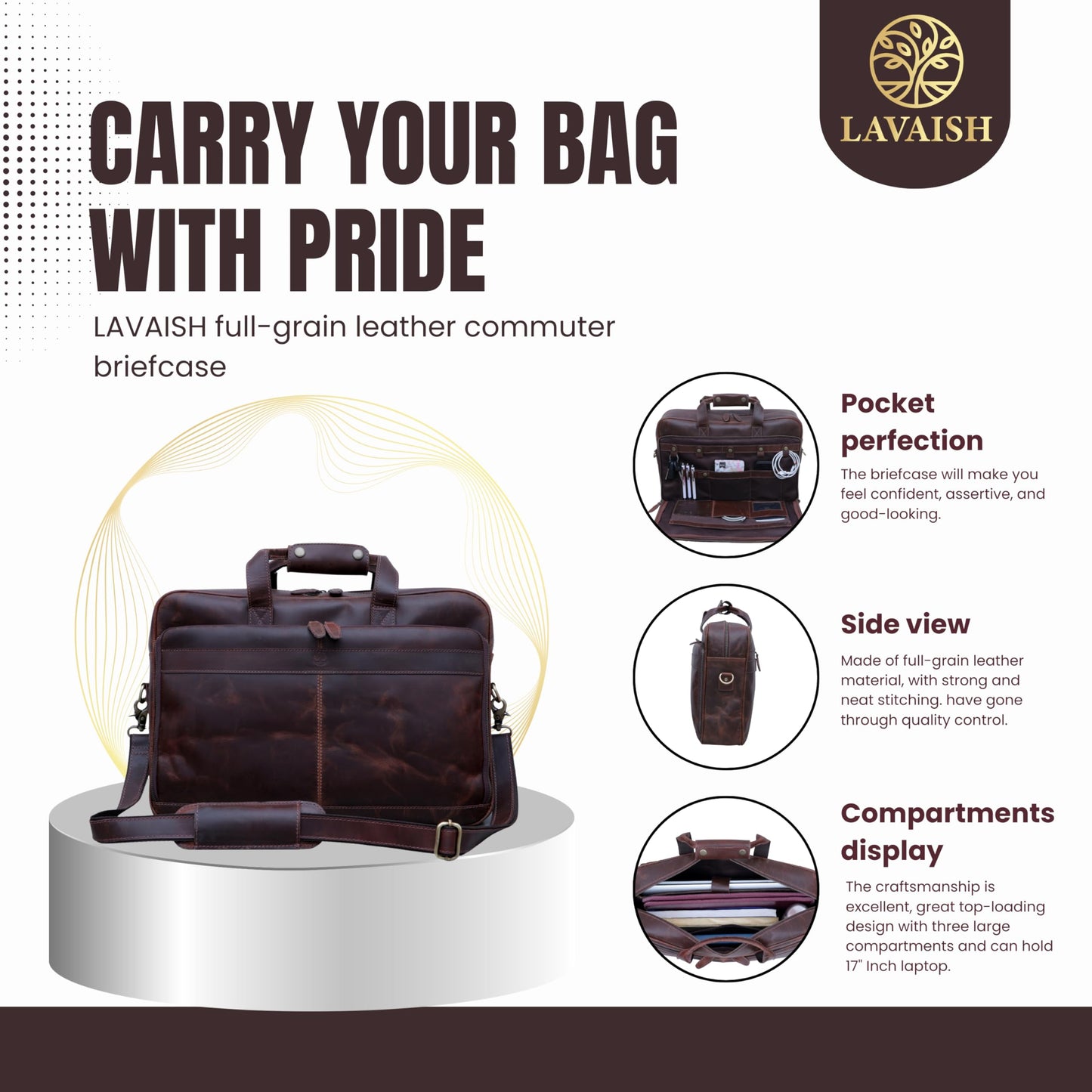 LAVAISH Full-Grain Leather Briefcase for Men & Women – 17 Inch Laptop Bag with Computer Compartment – Premium Leather Office Satchel, Business Messenger Bag, Work Bag for Professionals (Dark Brown)