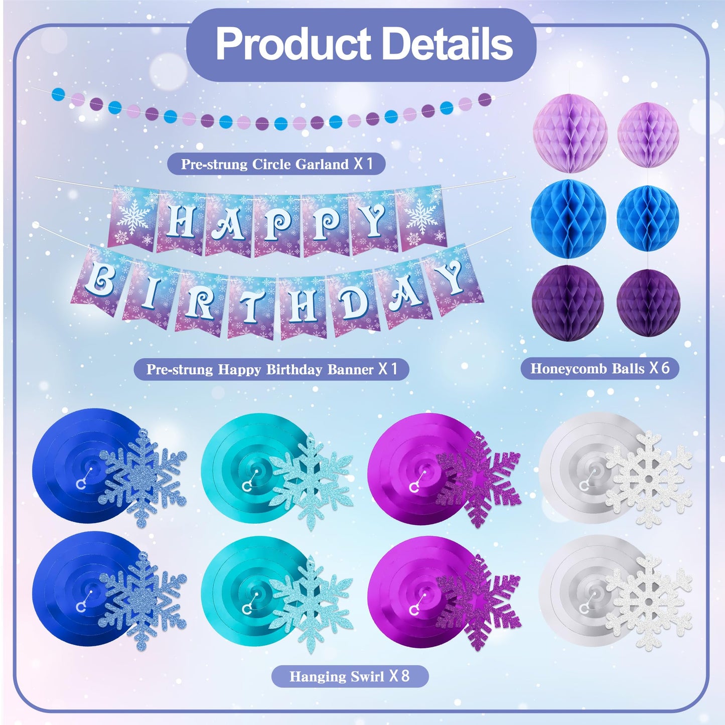 Frozen Birthday Party Decorations Happy Birthday Banner Honeycomb Balls Snowflake Hanging Swirls Streamers Circle Garland Decoration Winter Holiday Party Decorations for Christmas