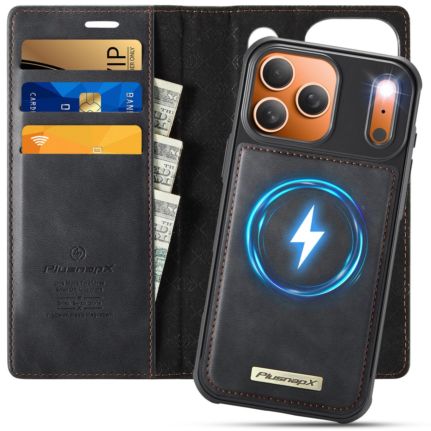 PlusnapX Wallet Case for iPhone 17 Pro Max Compatible with Magsafe, 2-in-1 PU Leather Flip RFID Blocking Card Holder Stand Shockproof Magnetic Detachable Cover for iPhone 17 Pro Max Case 6.9", Black