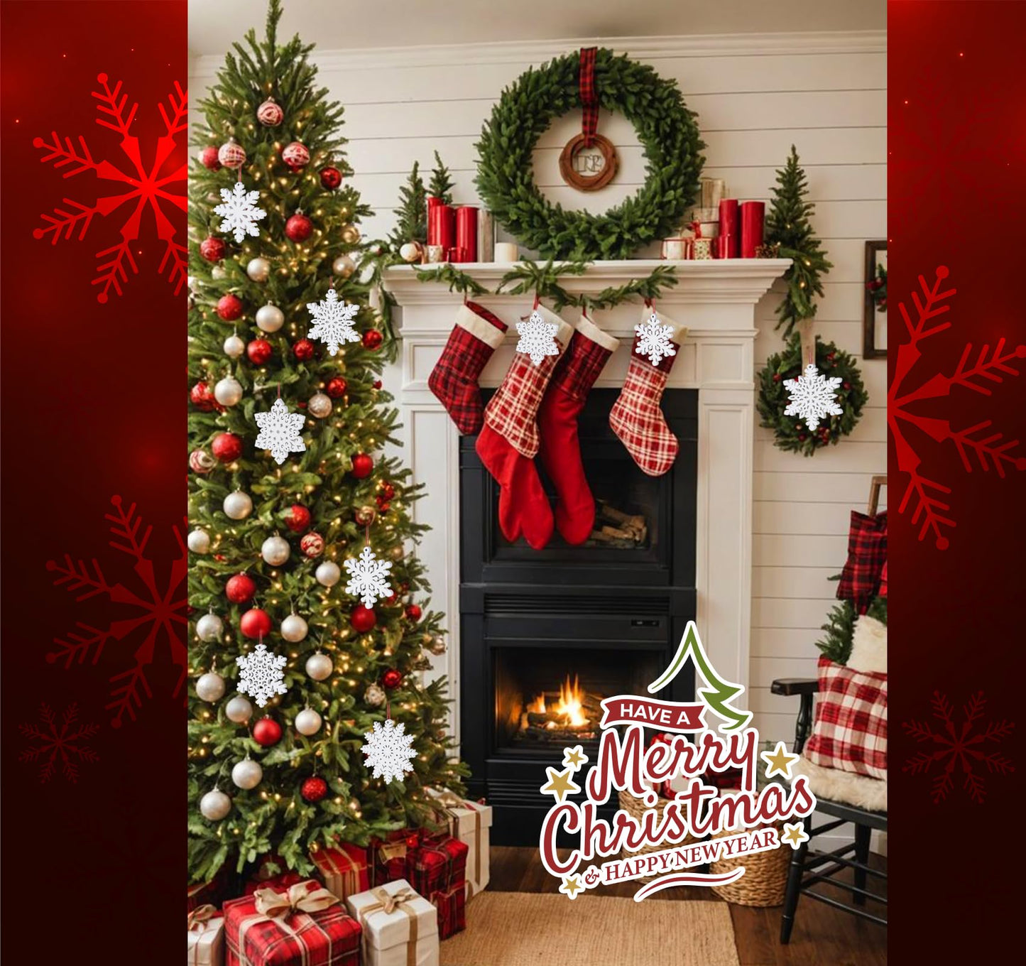 HOUÍSM 24PCS Wooden Snowflake Ornaments, White Hanging Decorations for Christmas Tree, Snowflake Christmas Ornaments Wood for Crafts 3inch