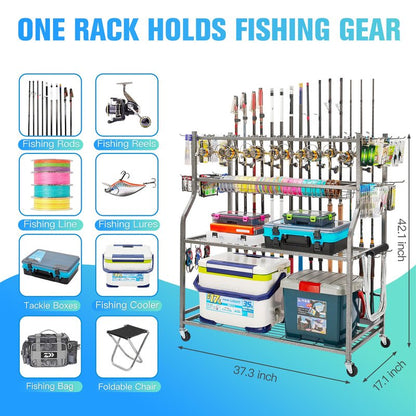 PeBro Fishing Pole Holders, Fishing Rod Holders for Garage, Fishing Rod Holder for Fishing Rod Tackle Box Reel Storage, All-In-One Fishing Rod Rack with Hooks and Wheels