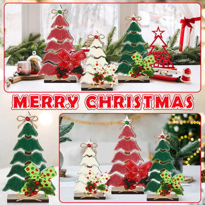 CroBlissful 3 Pcs Wooden Christmas Tree Tabletop Decorations Christmas Centerpieces for Table Rustic Xmas Tiered Tray Decor Table Sign with Hemp Rope Bow Bell for Holiday Party(Classic)