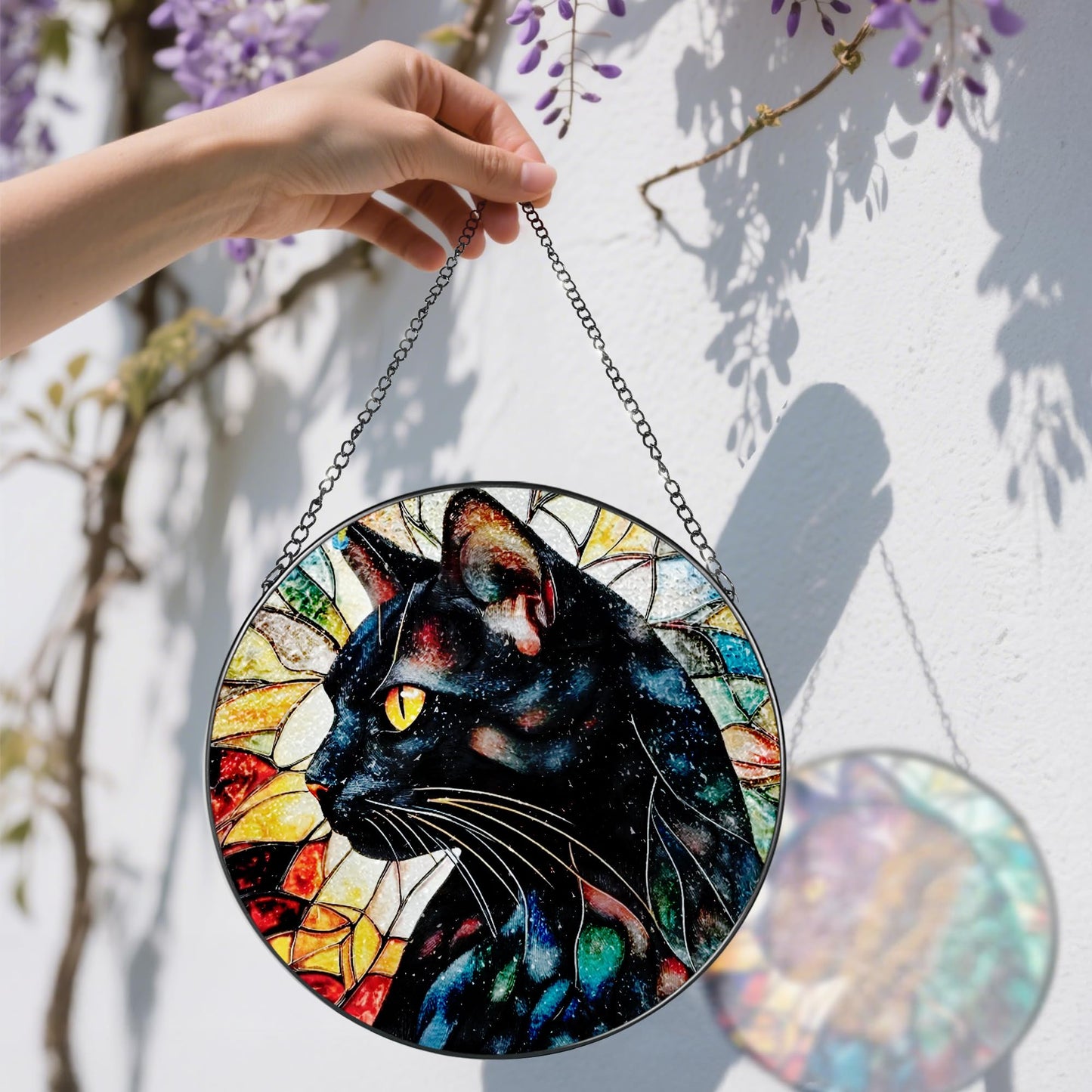 DOUHASU 8″ Stained Glass Window Hanging Ornament, Black Cat Stained Glass Suncatcher Ornament, Sun-Catcher Window Decor | Gifts for Cat Lovers, Pet Lover Gift