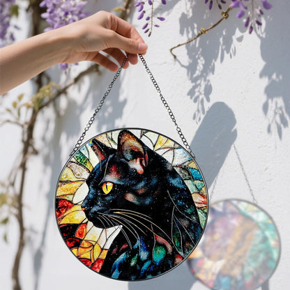 DOUHASU 8″ Stained Glass Window Hanging Ornament, Black Cat Stained Glass Suncatcher Ornament, Sun-Catcher Window Decor | Gifts for Cat Lovers, Pet Lover Gift
