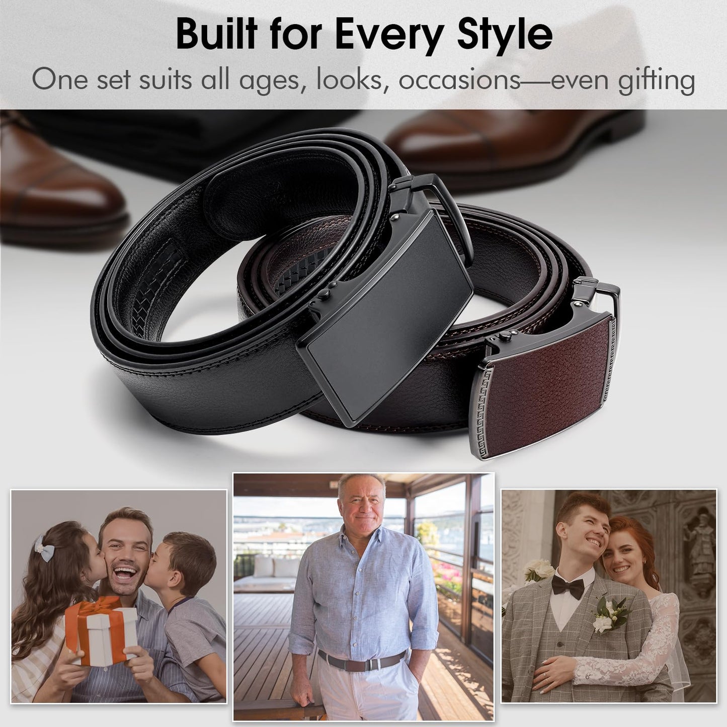 BELTROAD Ratchet Belts for Men- 2-Pack Men‘s Ratchet Adjustable Click Slide Belts for Dress Casual 1 3/8" Leather Belt Gift