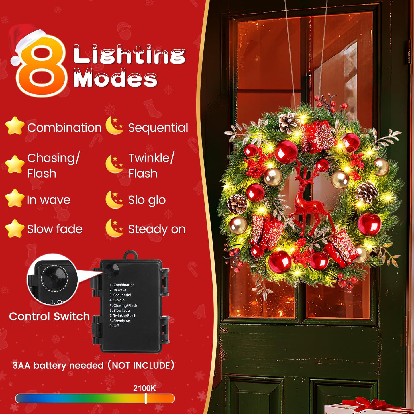 Quntis Lighted Christmas Wreath Front Door - 16'' Reindeer Winter Wreath with 8 Modes Timer, Red Gold Balls, Snowflakes, Pine Cones, Berries for Indoor Outdoor Holiday Windows Fireplace Mantel Porch