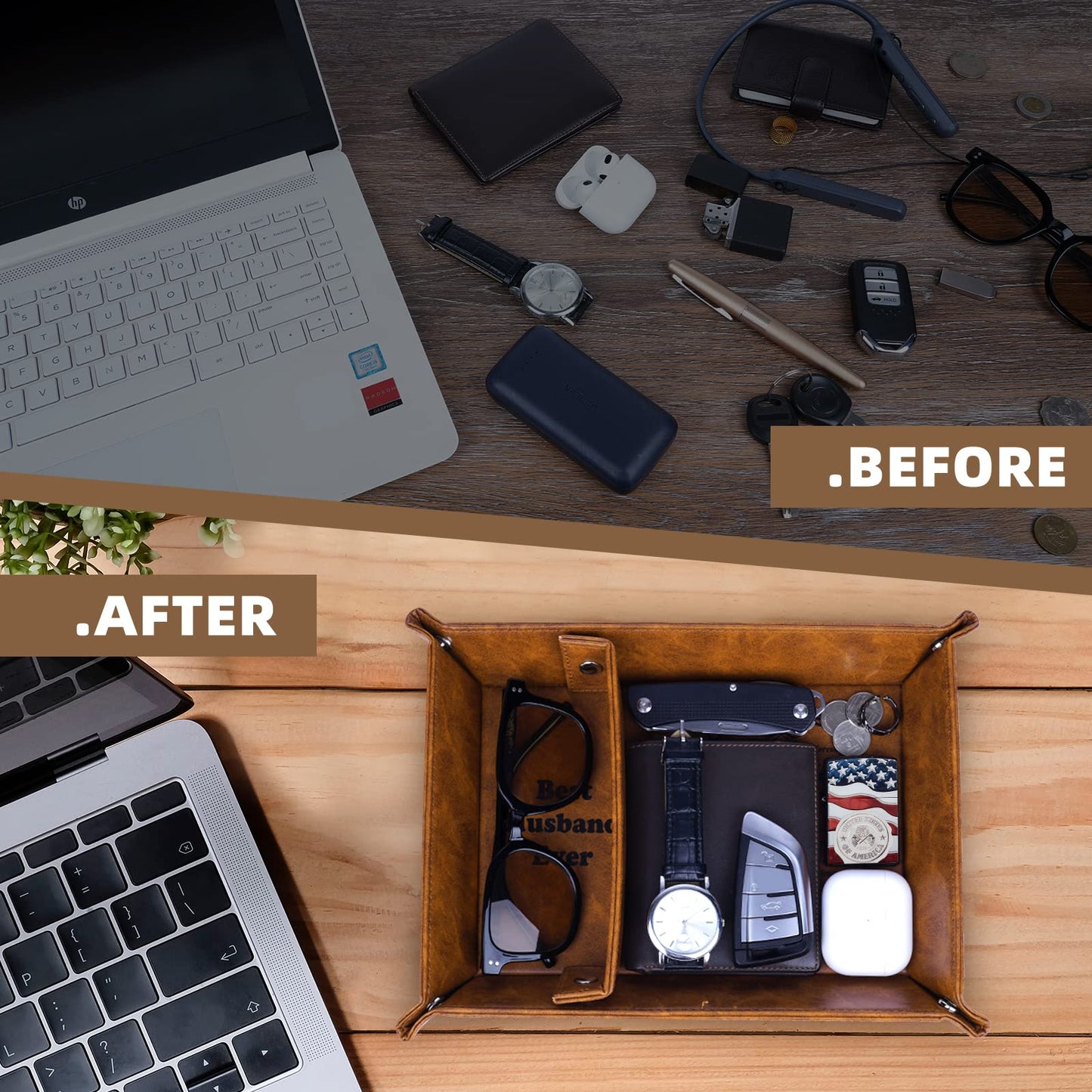 ZAPUVO Gifts for Husband Men Dad Fathers Day,Best Husband Ever PU Leather Valet Tray and Keychain, Anniversary for Men-Birthday Gifts Ideas for Him Boyfriend Who Has Everything from Wife