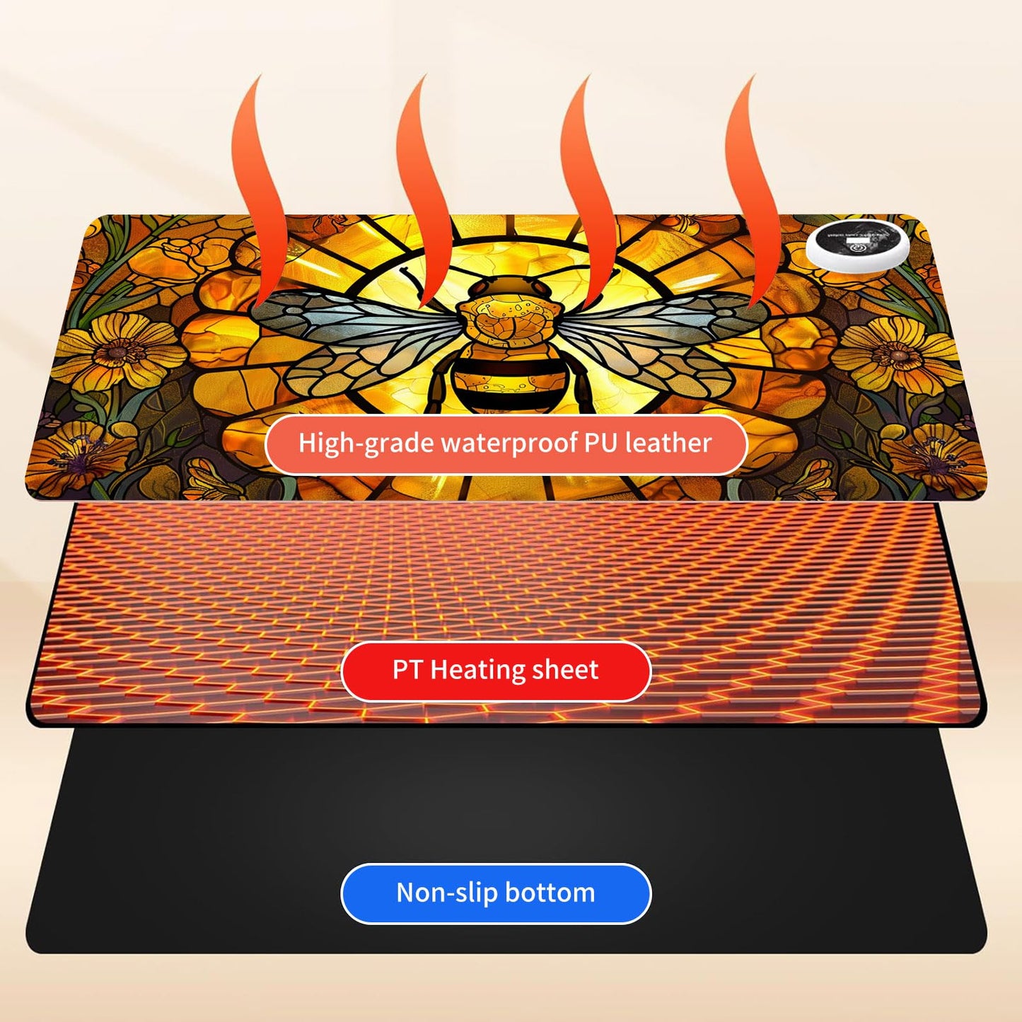 BREIDMKFM Warm Desk Pad,Heated Desk Pad Mouse Mat Gaming,with 3 Heating Levels & 3 Hours Auto Shut-Off,Leather 31.5" x 13" Foot Warmer Keyboard Office Mat,Cute Bee Floral