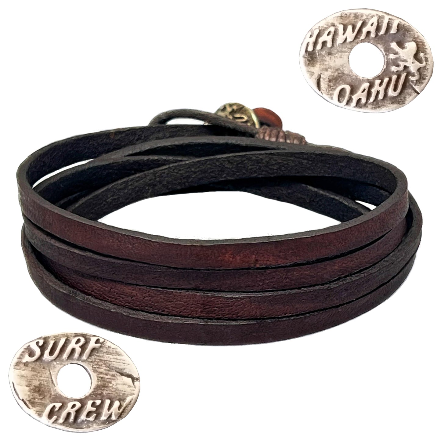 LOCAL LEAGUE Leather Bracelet SURF CREW HAWAII - Dark Brown for Men & Women, Multi-Layer Design - Flat Strap max. 37.4"/ 95 cm in Length, Adjustable Wristband, Wrap from 2 to 5x, for Him, Her, Surfer Style