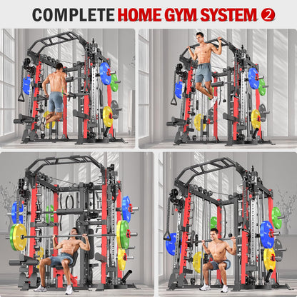 Smith Machine with Cable Crossover System, Multi-Function Squat Rack Power Cage for Home Gym, Power Rack and Packages Weight Sets (Red, L07-Smith Machine+Bench+(Pole+Cast lron) 341LBS)