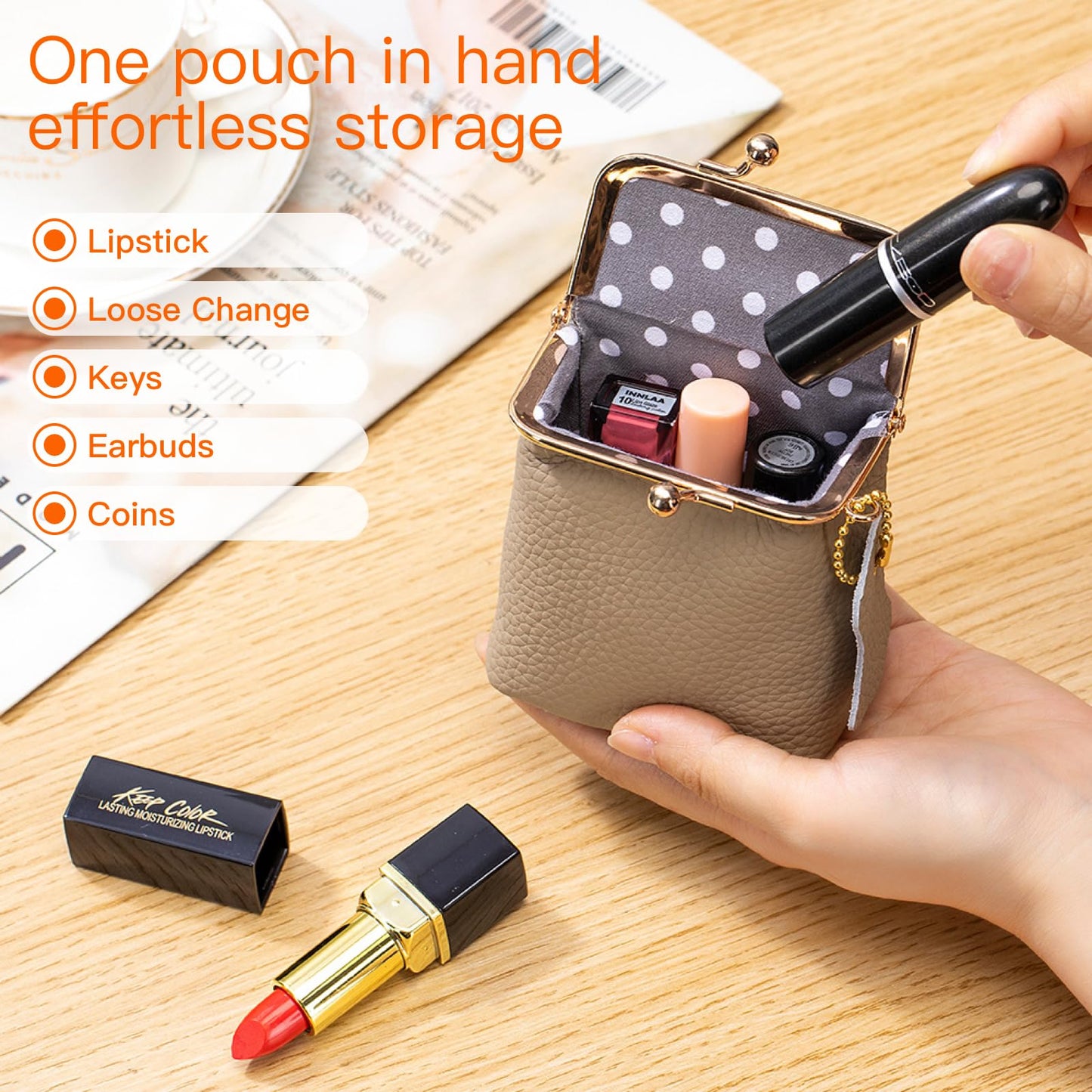 Genuine Leather Vintage Lipstick Coin Purse with Kiss-Lock Closure, mini travel jeweley box, Compact Travel Jewelry Organizer for Earrings, Rings, Keys, Coins (Black)