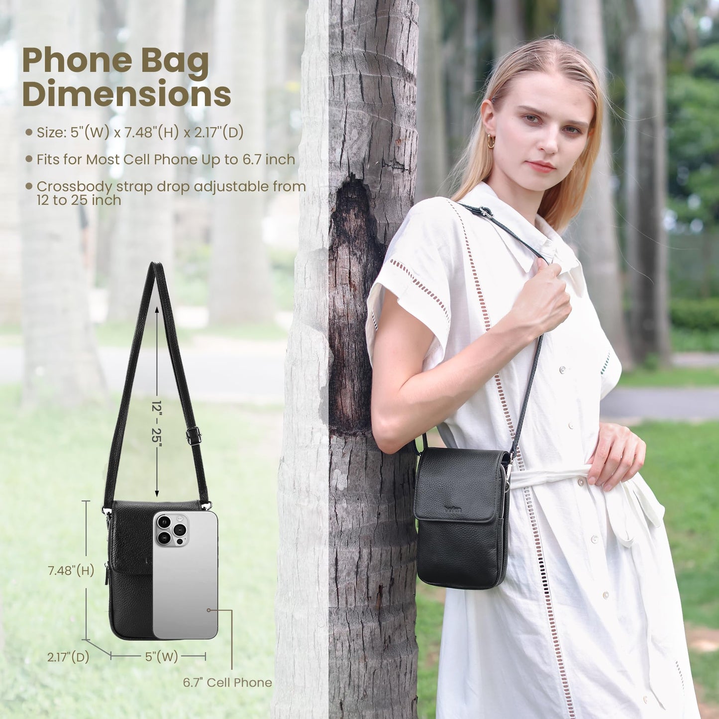 befen Genuine Leather Black Small Crossbody Bags for Women, Woman Cell Phone Cross body Purse Bag with RFID Blocking Card Slots