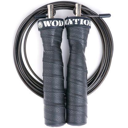 WOD Nation Jump Rope - Black Alloy Steel Handles - 11 ft, 2.2 mm & 3.3 mm Cables - Weighted & Speed Cable System for Fitness Skipping Rope Men & Women