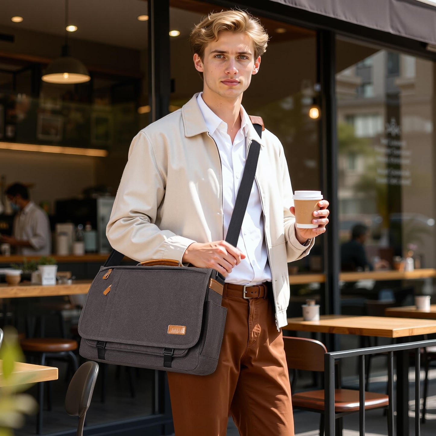 ESTARER Men Messenger Bag 17-17.3 Inch Laptop Bag Water-resistant Canvas Computer Shoulder Bag Briefcase for Work College Travel, Grey