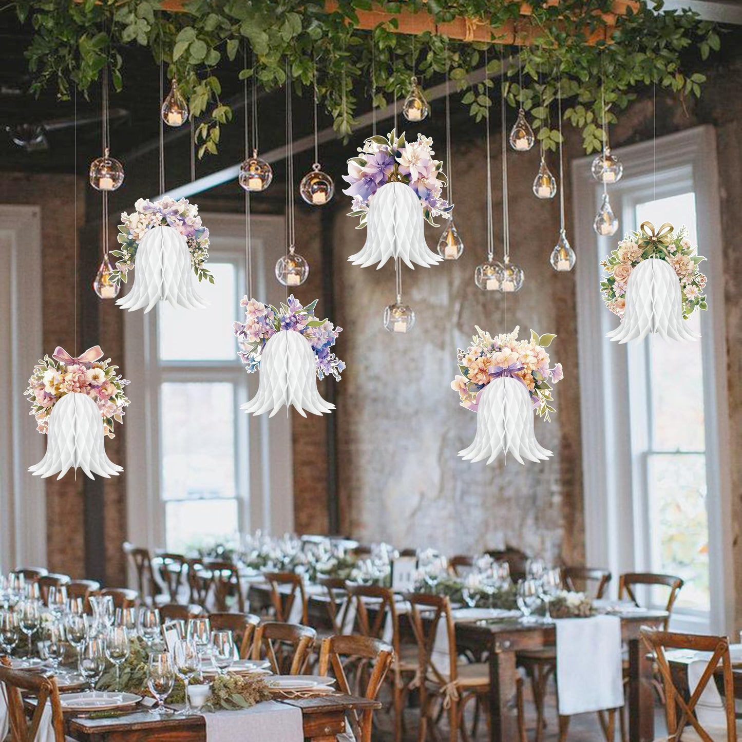 6PCS Paper Wedding Bells, Large Hanging Bells Honeycomb Decorations Flower Ornaments for Wedding Bridal Shower Birthday Baby Shower Christmas New Year Party
