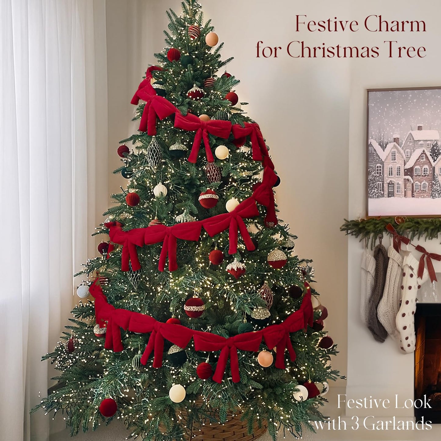 Christmas Decorations - 6 Ft Red Velvet Bow Garland - Xmas Decor for Mantel Fireplace Shelf Cabinet Stand Door Window Frame Bedroom Living Room Home Entryway Indoor Holiday Decoration