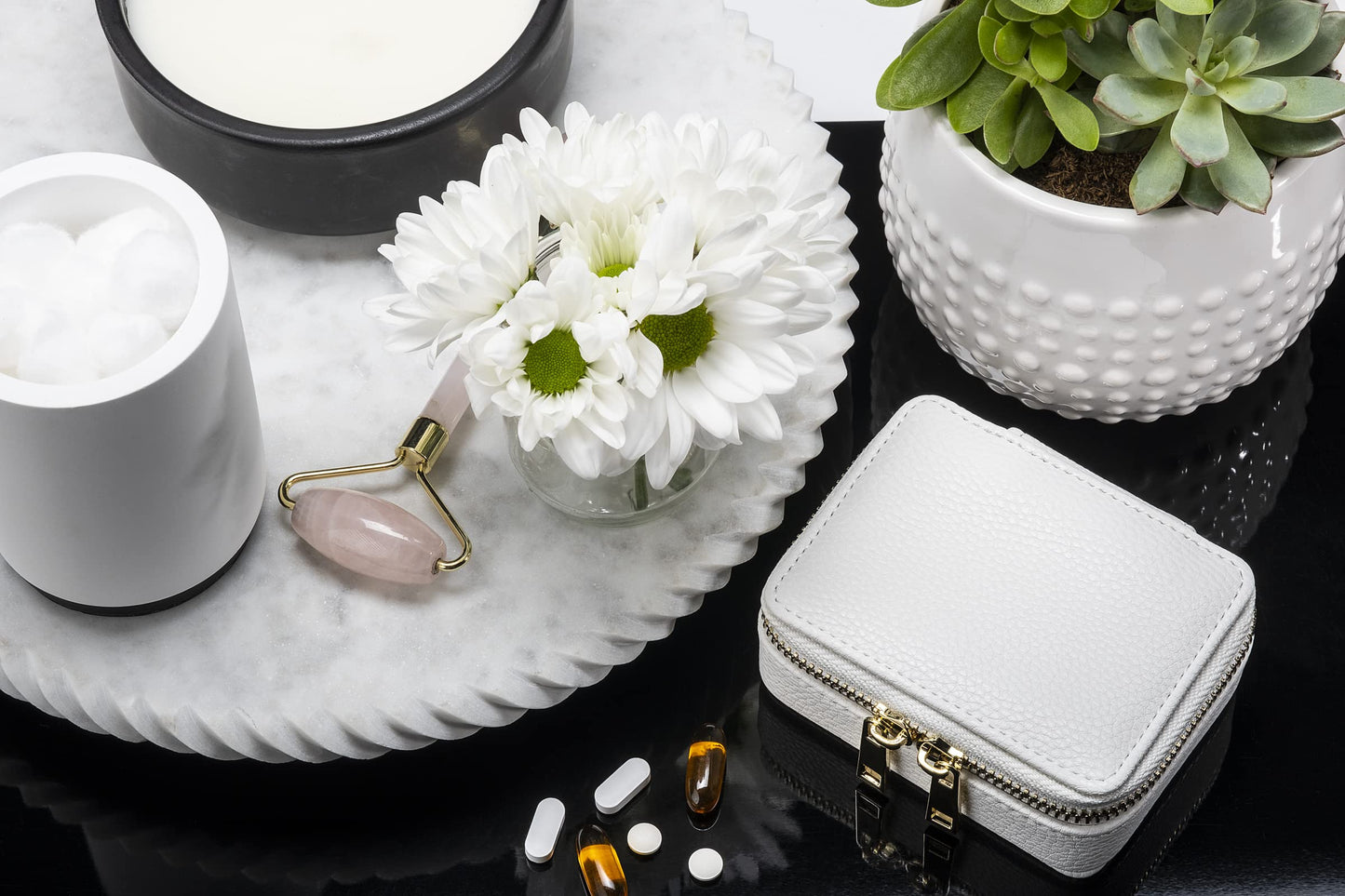 Weekly Pill Organizer 7 Day – Travel Pill Case for Vitamins & Medication, Premium Vegan Leather Pill Box with Removable Daily Compartments, Portable Supplement Organizer with Secure Zipper (White)