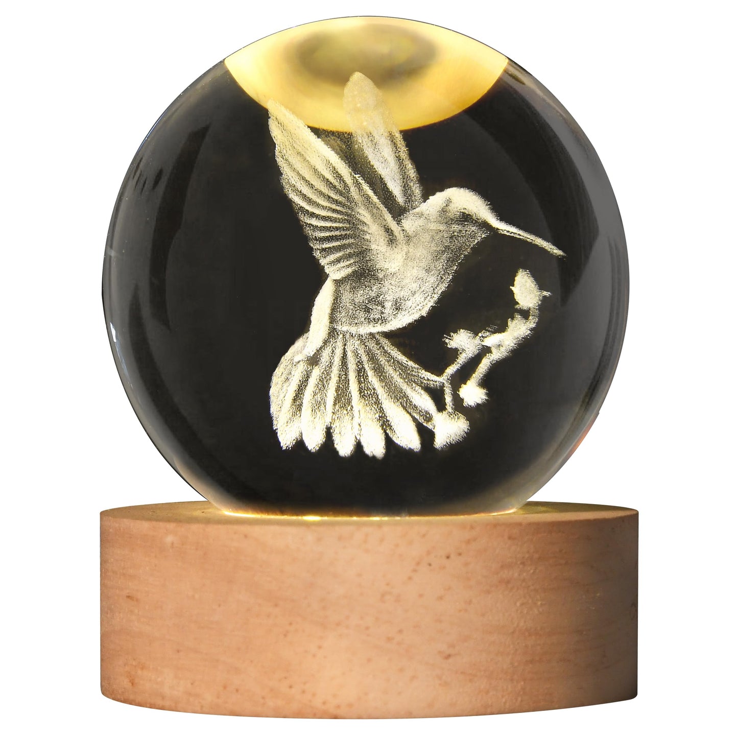AOFEGRLT 3D Laser Engraved Bird Crystal Ball with LED Stand, 60mm Hummingbird Figurine Lamp Night Light, Glass Hummingbird Globe Paperweight Gift