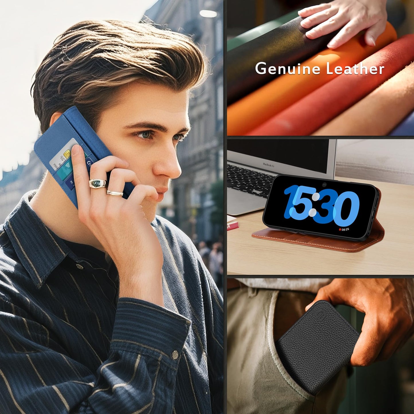 SHIELDON Real Leather Case Wallet for iPhone 17 Pro Max 6.9-inch | Foldable, Kickstand, RFID Blocking Credit Card Slot, Magnetic Closure, TPU Protective Inner Cover 5G 2025 - Pebbled Black