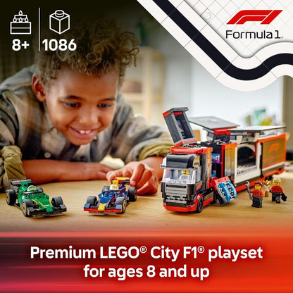 LEGO City F1 Truck & RB20 AMR24 Car Set - Building Toy for Kids Ages 8+ | Formula 1 Collectible Gift