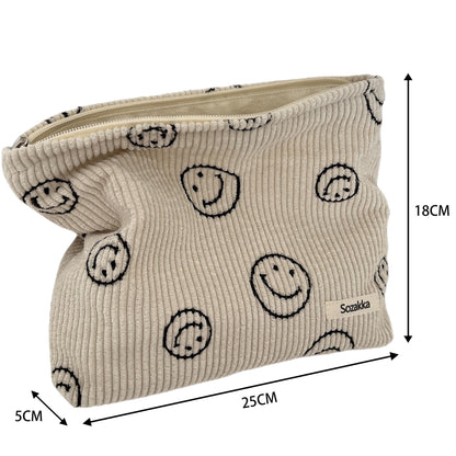 Gardsell Cosmetic Bags for Women - Corduroy Cosmetic Bag Aesthetic Women Handbags Purses Smile Dots Makeup Organizer Storage Makeup Bag Girls Case Bags (A-Beige)