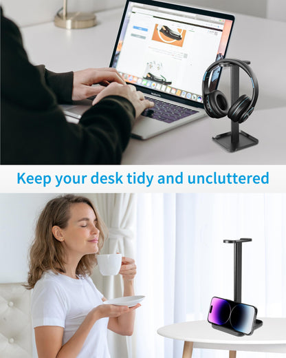 XMANA 2-in-1 Aluminum Headphone Stand & Phone Holder Rack - Sleek, Sturdy & Ergonomic Design Gaming Headset Stand for Desk Organization - Gamer Gifts (Black)