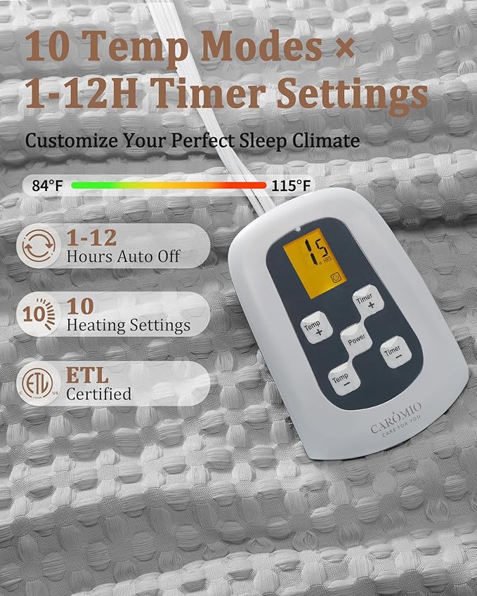 CAROMIO Heated Blanket Twin Size, Waffle Weave Electric Throw Blanket Fast Heating with LCD Controller, 10 Heat Levels & 1-12H Time Settings Auto Off, ETL Certified, Grey, 62" x 84"