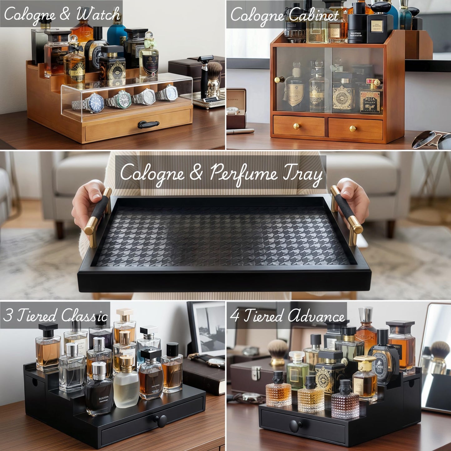 Bamboo Vanity Tray for Dresser -13.4"x8.7" Cologne Tray with Handles, Black Gold Trinket Tray for Perfume, Jewelry, Watch, Key - Bathroom Tray with Leather Mat for Countertop, Living Room, Bedroom